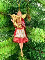 Christbaumschmuck Engel In Einem Rot-WeißEn Kleid Und Goldener Harfe 14Cm Hoch