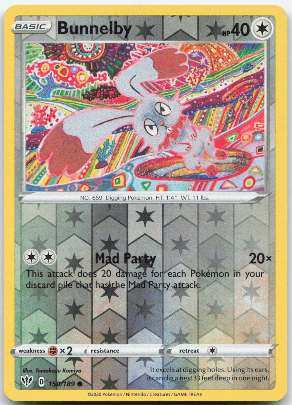 Pokemon Bunnelby Darkness Ablaze SWSH03 #150/189 Common Reverse Holo NM
