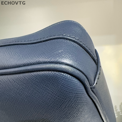 PRADA Blue Leather Enamel Triangle Logo Women's Briefcase Handbag
