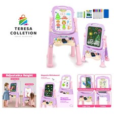 Double-Sided Magnetic Kids Art Easel - Adjustable Height Accessories in Pink