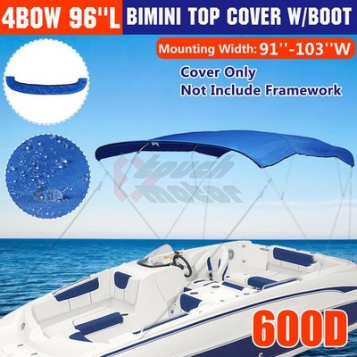 4 Bow 91''-103''W Boat Bimini Top 600D Polyester Canopy Blue Cover without frame