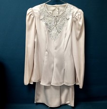 Vtg Patra Blue/Silver Satin Beaded Blouse Top Skirt Evening Set Women's Sz 6