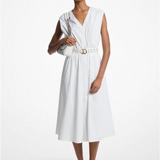 MICHAEL Michael Kors Stretch Cotton Poplin Belted Midi Dress S