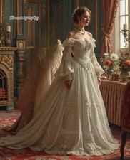 Vintage Victorian Wedding Dress Princess Bridal Gown Lace Appliques Medieval