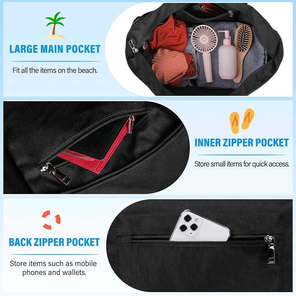 Borsa Spiaggia XXL 40L Igolumon - Impermeabile, Pieghevole, Con Scomparto Bagnato, Nero - Foto 4