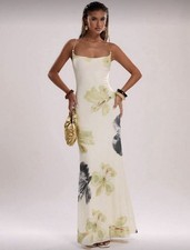 Floral Print Strappy Back Maxi Dress White Green Black Scoop Neck Sleeveless