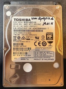 Toshiba, 1TB, MQ01ABD100, AC11/AX1RAC, S/N: 97DJC1O2T, SATA HDD