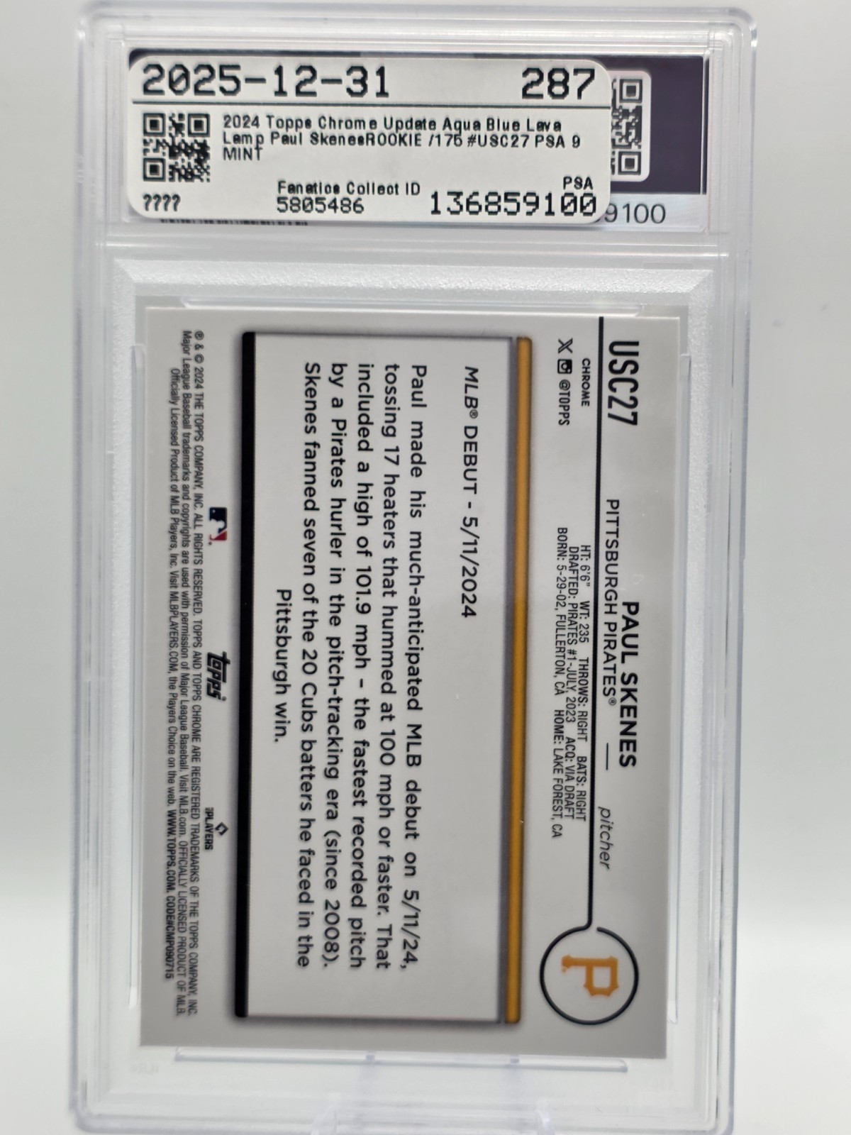 2024 Topps Chrome Update PAUL SKENES Aqua Blue Lava Lamp #USC27 /175 PSA 9 view 2