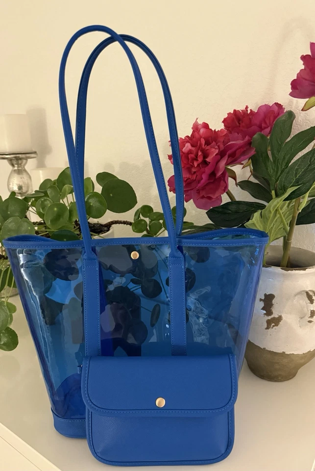 NEW Neiman Marcus Clear PVC Blue Tote & Cosmetic Bag ~ Weekender Valentines 2025 - Image 4 of 4