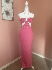 Fashion Nova hot pink linen/cotton blend maxi cutout halter dress NWT size small