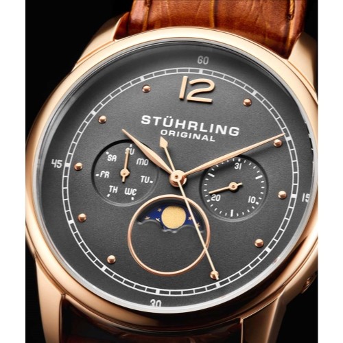 Stuhrling Original 898 04 Celestia Phase de Lune Jour Date Cuir Marron Montre - Photo 6 sur 8