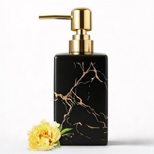 Modern Black Ceramic Soap Dispenser with Gold Stripes - Refillable 10oz Lotion P