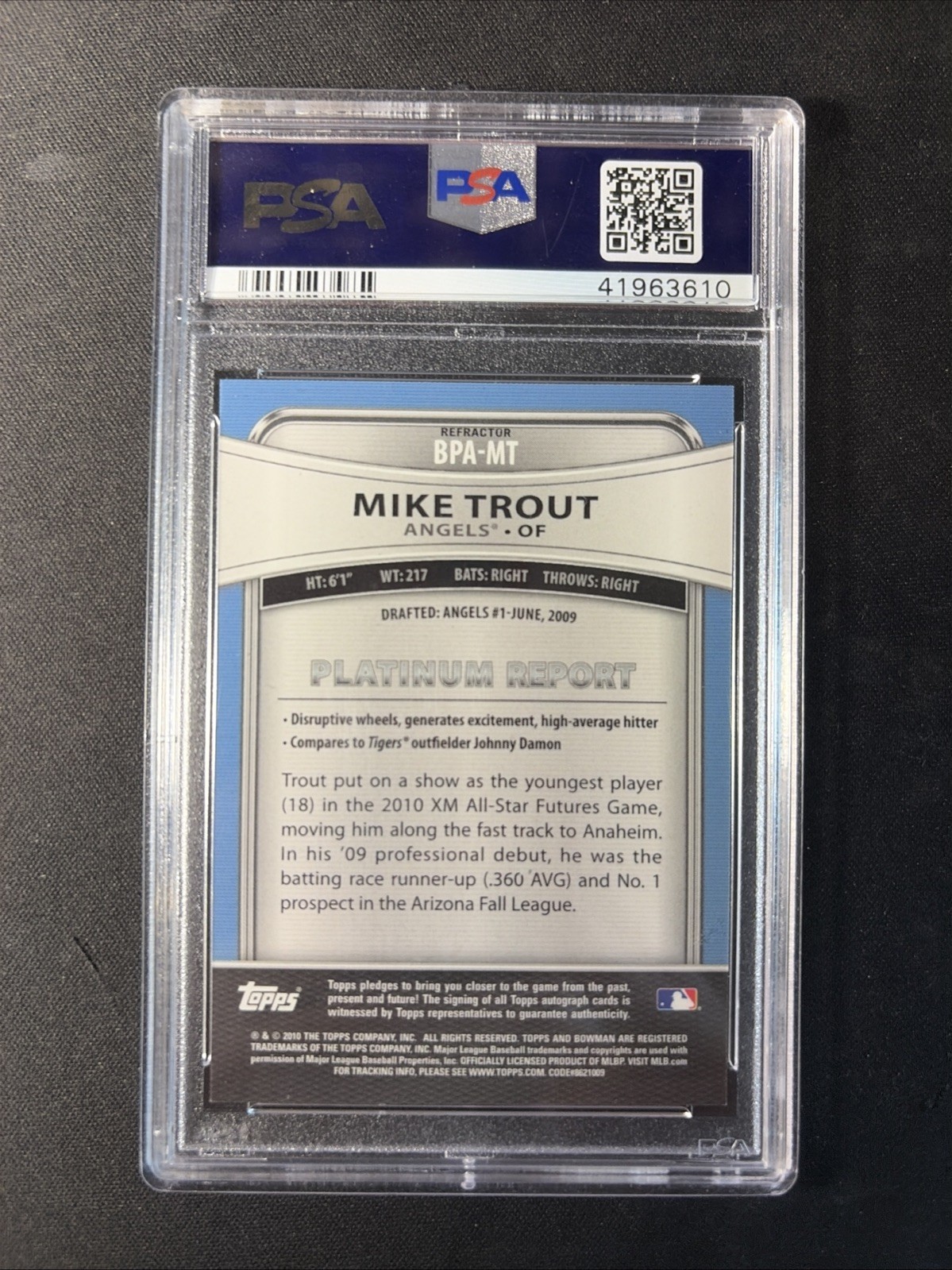 2010 Bowman Platinum Mike Trout Refractor Auto PSA 8 Angels view 2