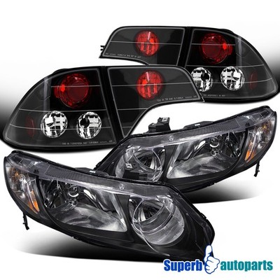 Fits 2006-2011 Honda Civic 4Dr Sedan Diamond Headlights+Tail Brake Lights Black