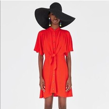 Zara Reddish Orange Short Sleeve Button Down Tie Mini Dress Size XS