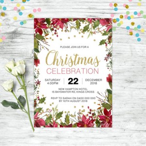 Details about CHRISTMAS INVITATION PERSONALISED PARTY SUPPLIES FLORAL INVITE XMAS GOLD