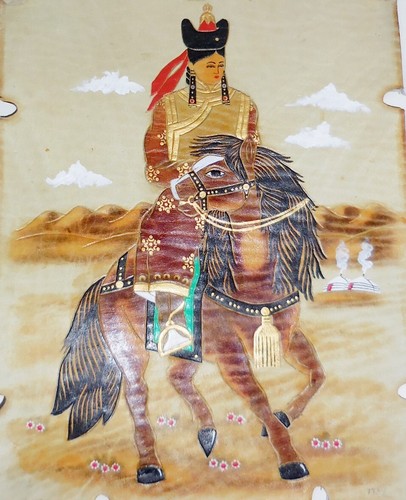 QUADRO VINTAGE ANNI 30 SU STRISCIONE IN PELLE DISEGNO CAVALLO ASIATICO - Foto 2 di 5