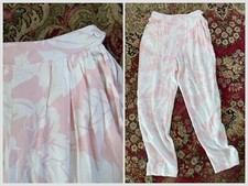 Vintage  80s Rayon Tropical Print Pants Pastel Pink  White Super Soft XS/S