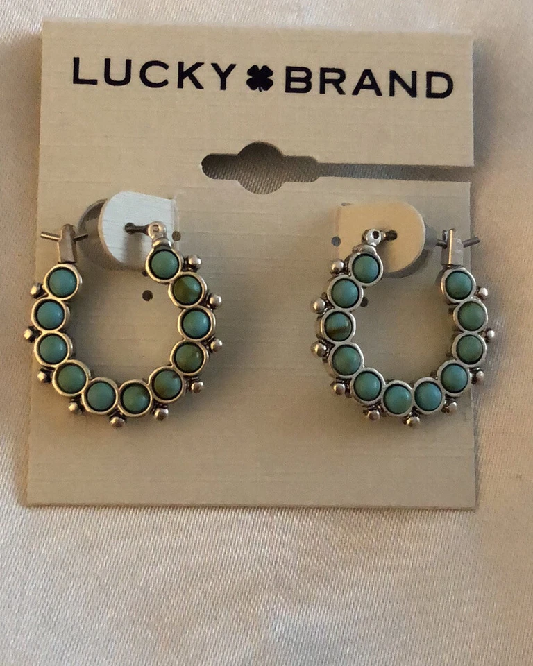 Pendientes de aro midi tono plata Lucky Brand con detalles turquesa nuevos con etiquetas Foto 3 de 4
