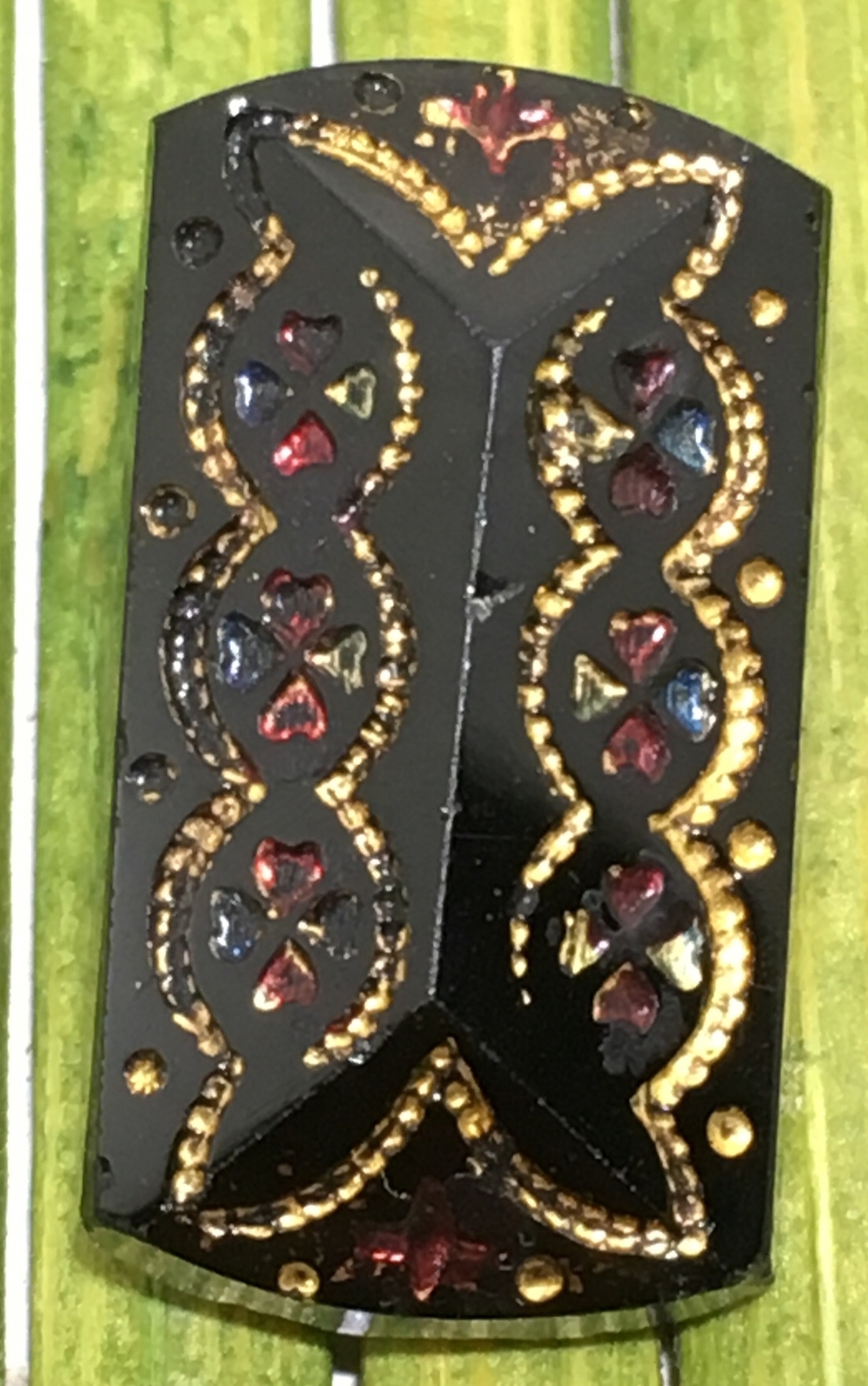 Antique Black Glass Button Rectangle Gold Foil Embedded Tunnel Shank 3/4" 