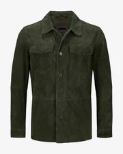 Mens Green Leather Trucker Jacket Pure Suede Shirt Jacket Custom Made All Size's