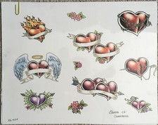 Tattoo Studio Shop Flash Single w/ Line Work Hearts, Arrows Fire 11" X 14" Print