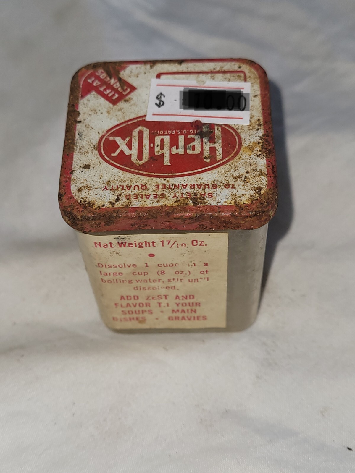 VTG Herb Ox Bouillon Box Can Advertising Tin Lid Red Label Spice Kitchen