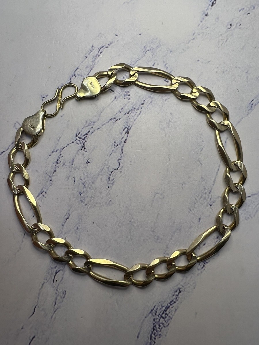 18KT Old Figaro Chain Bracelet イタリア製 Vintage oTc 10k Yellow Gold Thick Italian 8.5 Inch Figaro Link