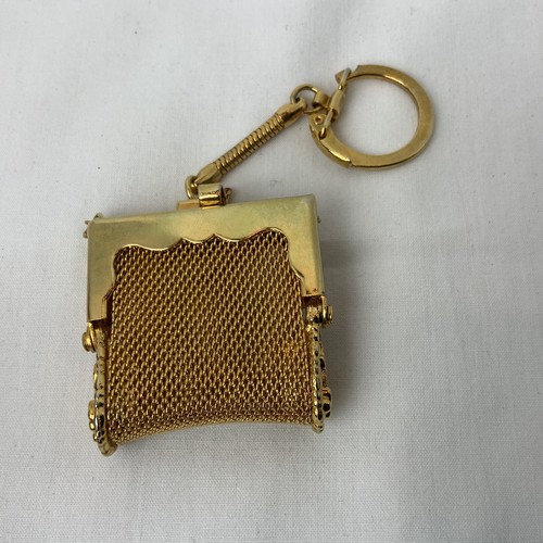 Vintage Small Gold Tone Mesh Faux Pearl Flower Coin Purse Keychain Key Charm - Picture 3 of 12