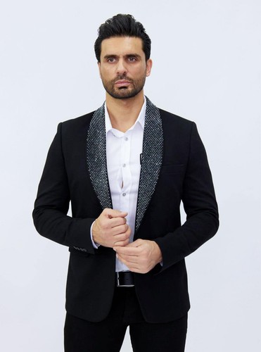 Giacca di design smoking giacca strass pietre nero blazer intagliata slim fit 54 - Foto 5 di 9