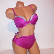 Victoria Secret Swim Bikini 34B Top Small Bottom Push Up Pink Shine Trim Bling