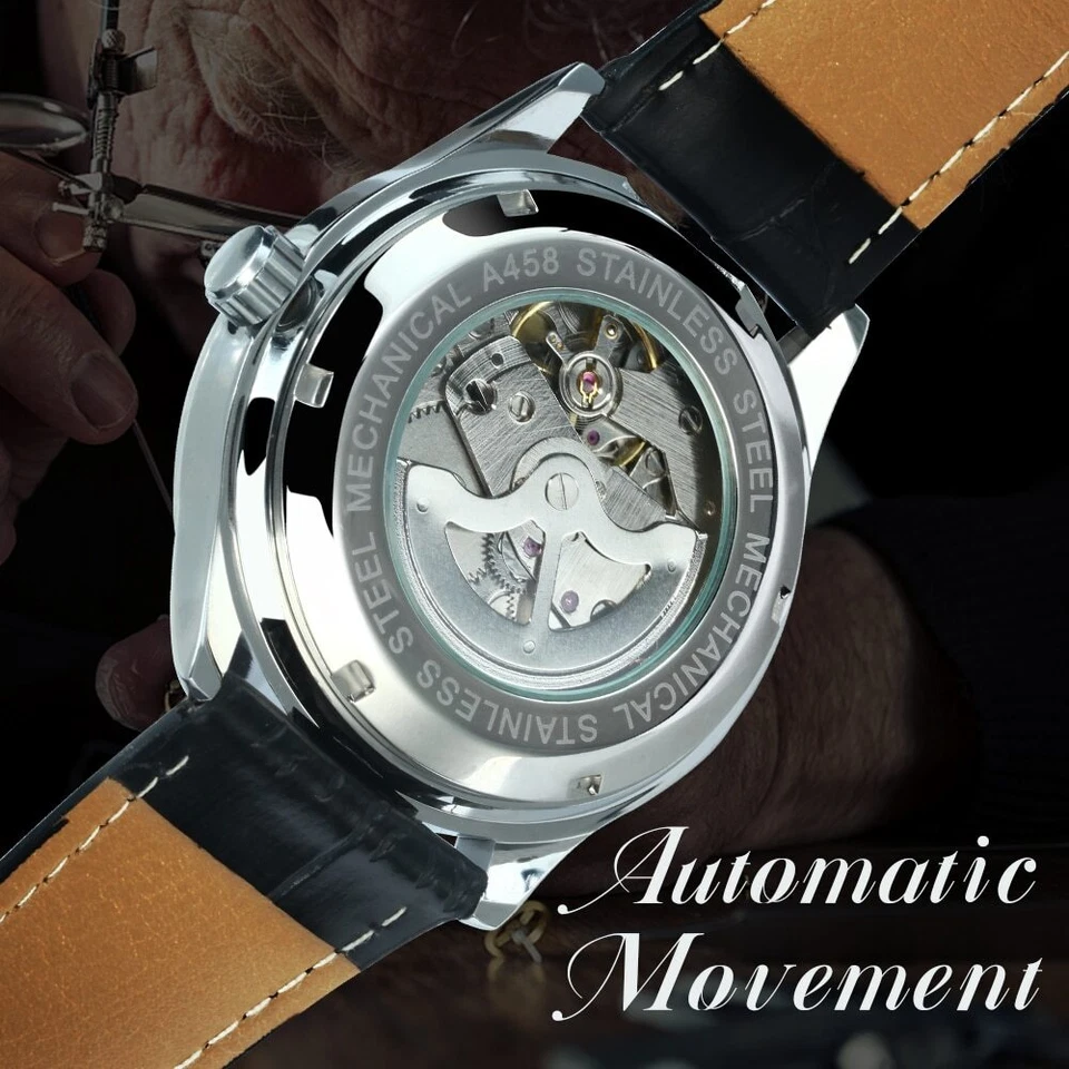 Fashion Automatic Mechanical Watch Men's Leather Strap White-Dial Calendar Date - Image 4 of 4