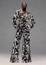 Black White Zebra Printed Women Suit 2 Piece Blazer Pants Tuxedo Jacket Trousers