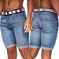 Crosshatch Mens Stretch Denim Shorts Belted Knee Length Roll Up Faded Casual New