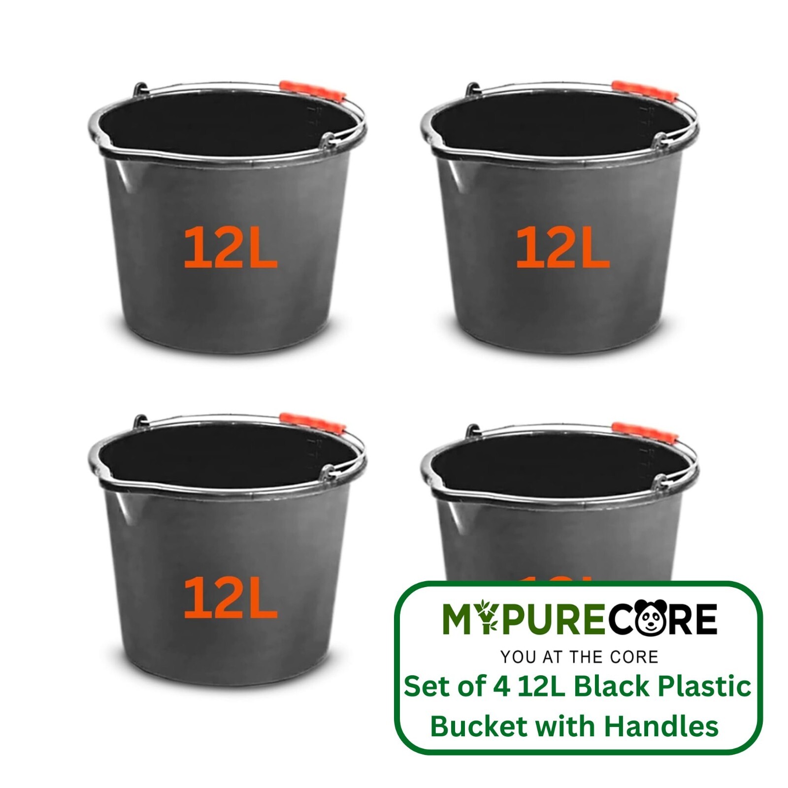 Buckets Plastic Set of 4 Black – 12L Durable Water Buckets with Strong Handles