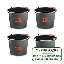 Buckets Plastic Set of 4 Black – 12L Durable Water Buckets with Strong Handles