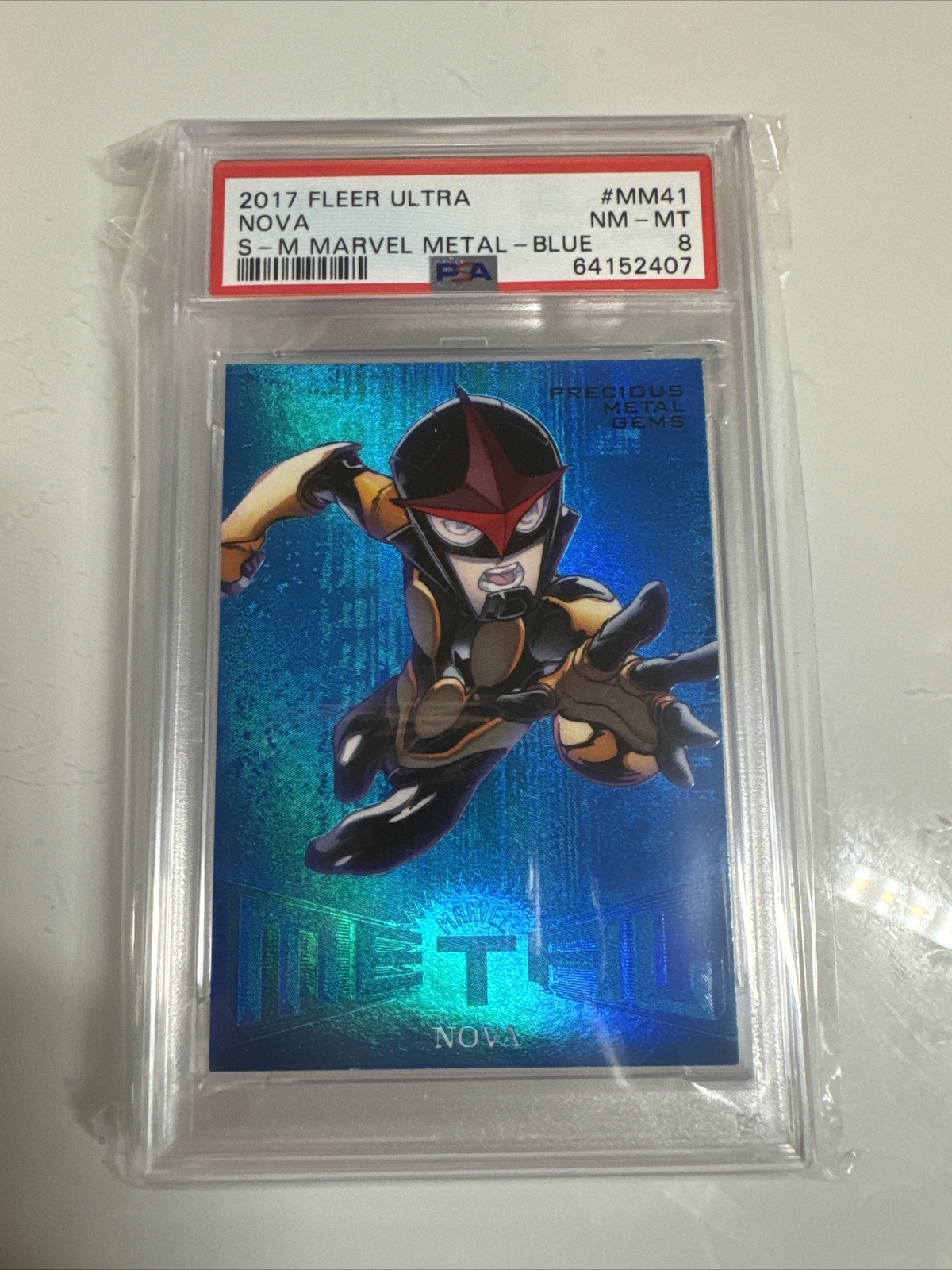 2017 Marvel Fleer Ultra Spider-Man BLUE Precious Metal PMG NOVA MM41 46/49 PSA 8