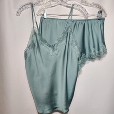Victoria's Secret Sz M Lace Trim Lingerie Babydoll Set Cami Shorts Silky Green