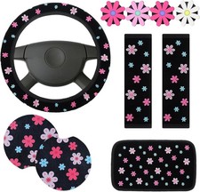 10 Pcs Embroidery Cute Flower Car Accessories Set Floral Steering Classic Style