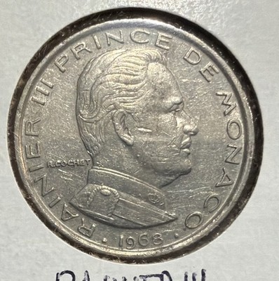 1968(a)  MONACO 1 FRANC NICKEL COIN -24MM-RAINIER III-KM#140-MINTAGE=250,000