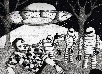 When Tire Salesman Attack 12x9 Ink Drawing UFO Alien Encounter Sci-Fi Art