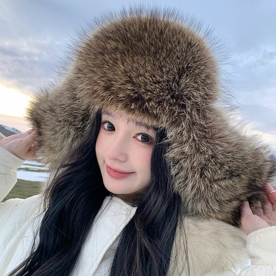 Women's Real Raccoon Fur Hat Ushanka Russian Hat Cossack Trapper Hat Outdoor Cap
