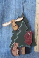 MOOSE BEAVER RACCOON PINETREE Vtg WOOD Christmas Tree Ornament Rustic Cabin OR89