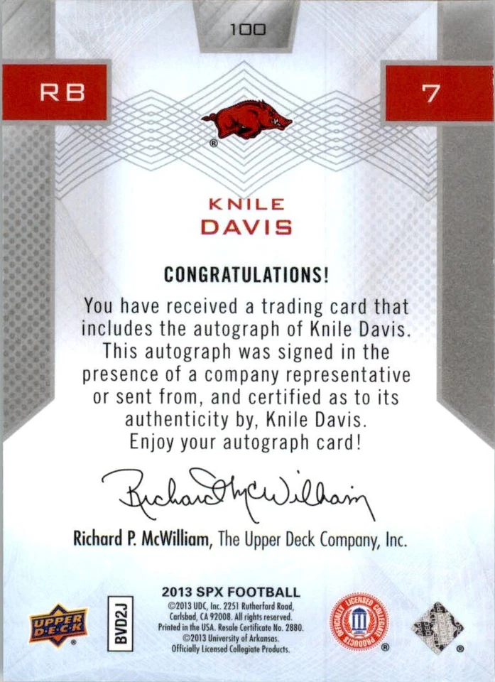 2013 SPx #100 Knile Davis Autograph /299 - Image 2 of 2