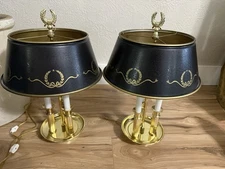 Pair Polished Brass VTG Candlestick Bouillotte Lamp Black Metal Tole Shade