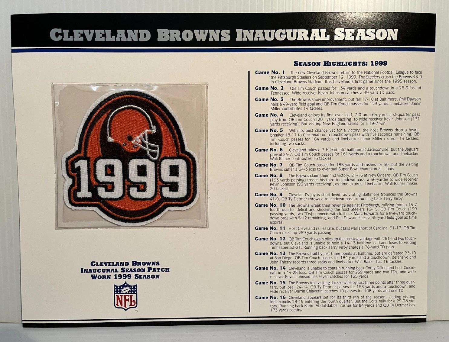 Cleveland Browns 1999 Inaugural Season Patch & Stats Card NFL Willabee&Ward