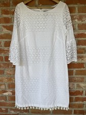 Vince Camuto Sz 12 Shift Dress White Eyelet Tassel Trim Bolero Sleeves So Pretty