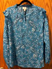 NWT St John's Bay Blouse Sz XL Teal Floral Long Sleeve Keyhole Neck Peasant Top