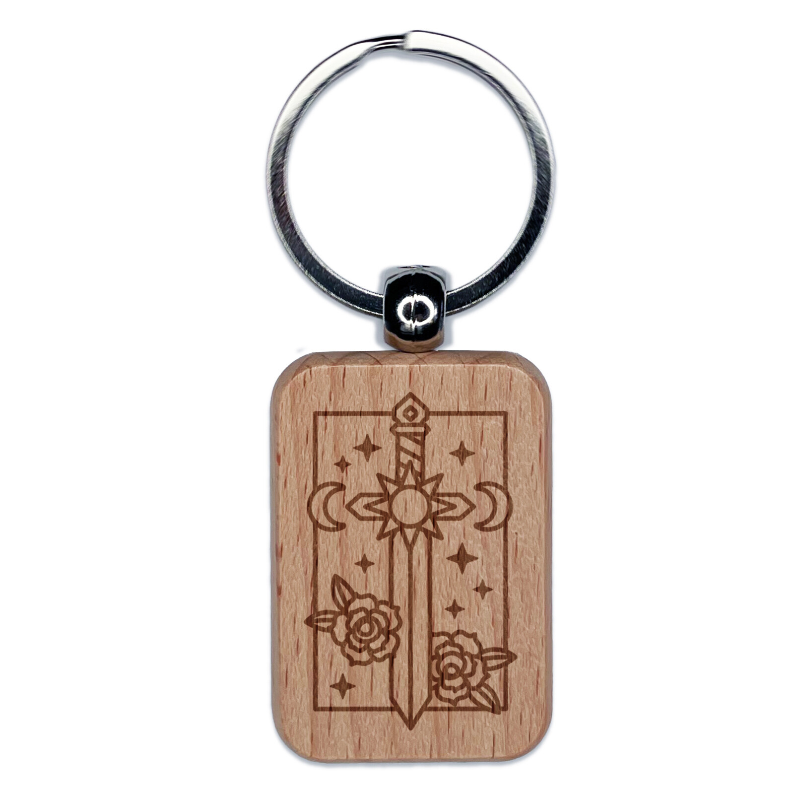 Magical Sword Sun Moon Stars Engraved Wood Rectangle Keychain Tag Charm