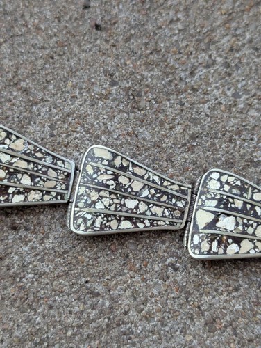 1950s Mexican Sterling links bracelet inlaid with variegated stone Signed ETC B1 - Picture 4 of 11